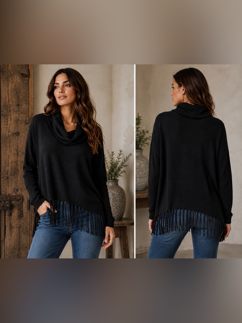 Michael Kors Fringe Sweater Womens L Black Cowl Neck Boho Rocker Moto Luxe Chic